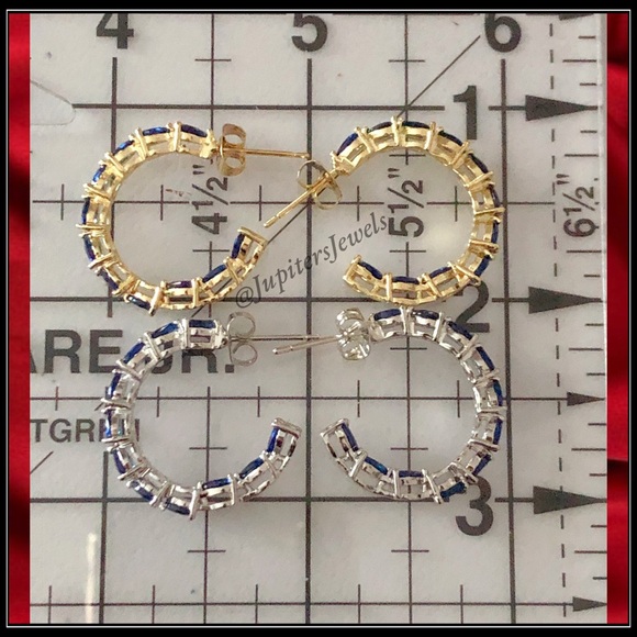 14k White Gold & Marquise Blue Sapphire Huggie Earrings - Picture 7 of 7